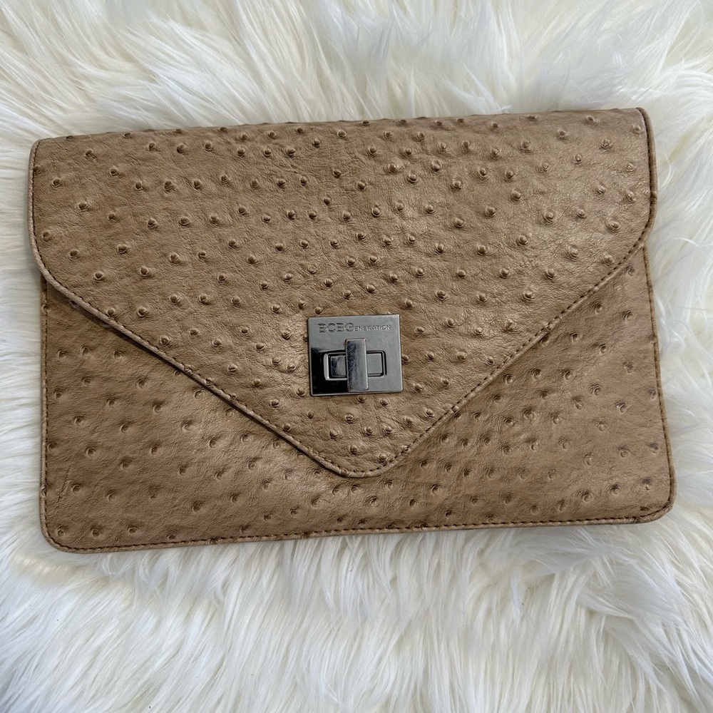 BCBGeneration Envelope Clutch Bag in Taupe Ostrich-Embossed Leather